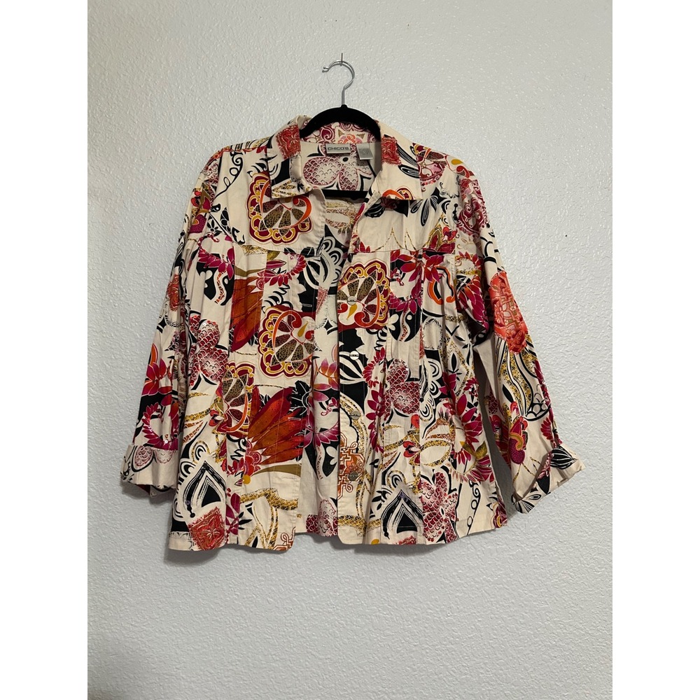 Chicos Jacket Size 2 Large Abstract Floral Sequin Button Front Cotton Print
